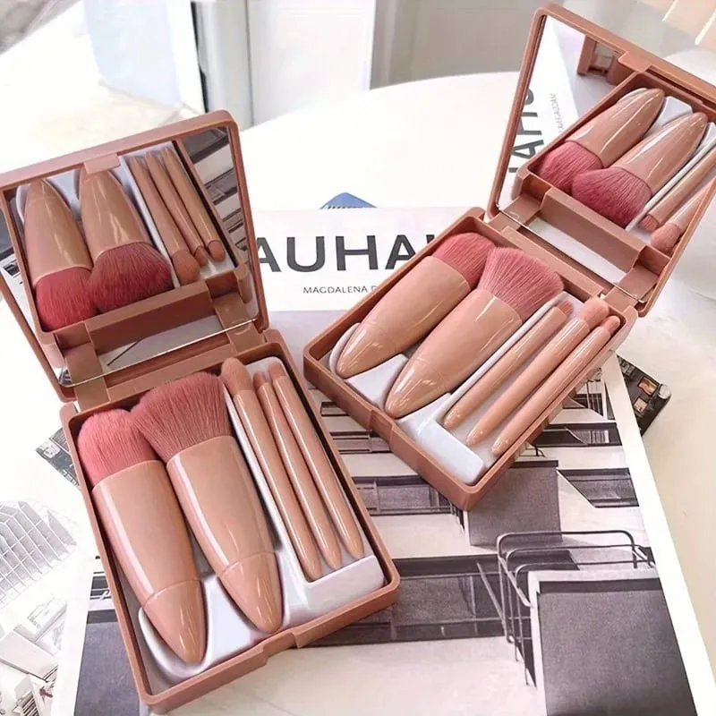 5pcs Mini Makeup Brush Set with Mirror - Multifunctional Travel Cosmetic Brushes Unscented Palm Brush Design Makeup Tools — image 3