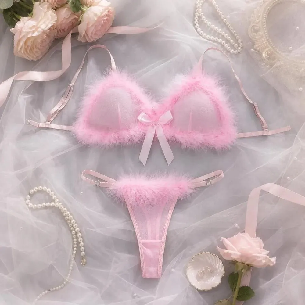 Furry Women's Underwear Mesh Transparent Wireless Lingerie Set Bow Decor Romantic Intimate Bra Panties Suit Anniversary — image 4