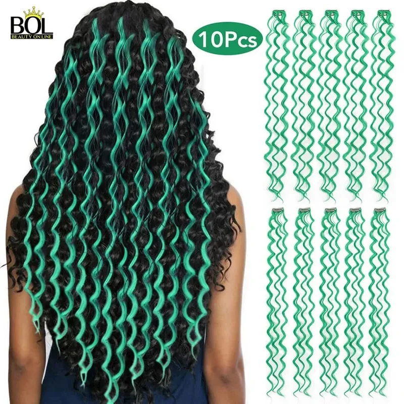BOL Synthetic Hair Extensions Colored Hair Strands Deep Wave Clip-on Hair Female Rainbow Hair 24Inch10Pieces/Set Heat Resistant