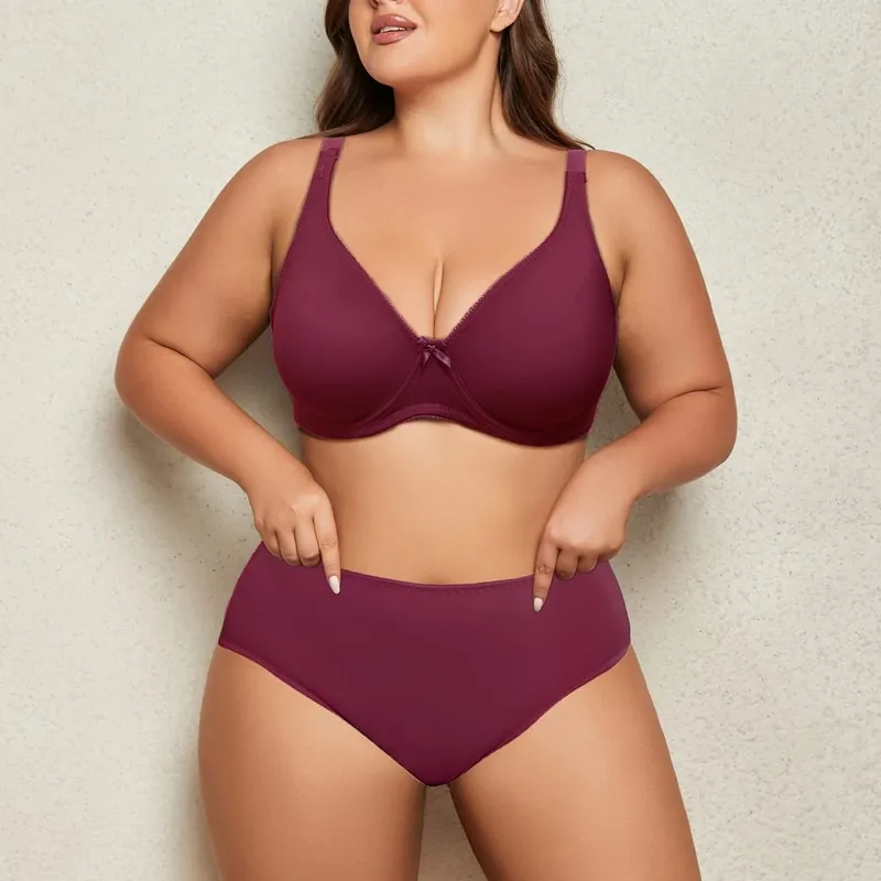 Women Plus Size Plain Lingerie Set Ultra Thin Breathable Bra with Wire Middle Waist Comfort Panties 85C-110D