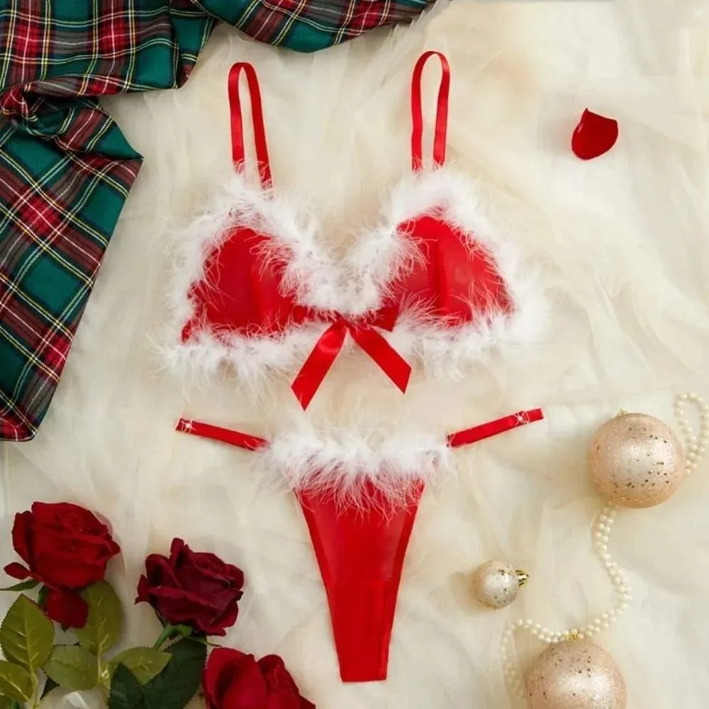 New Year Furry Women's Underwear Mesh Transparent Wireless Lingerie Set Romantic Intimate Bow Decor Bra Panties Suit Anniversary