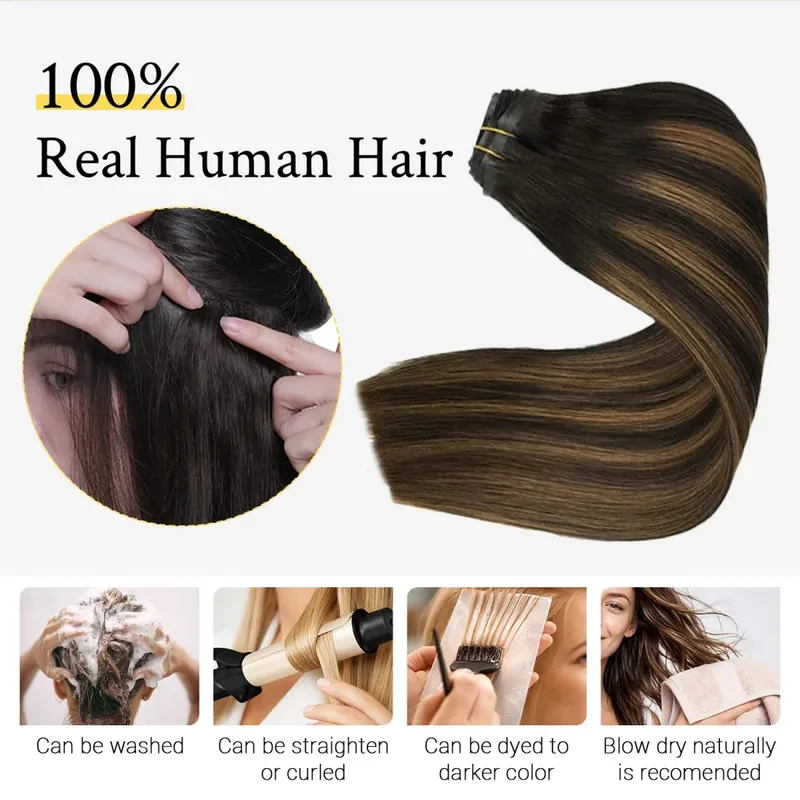 Sunmofavo Clip In Human Hair Extensions Straight Natural Light Brown Honey Ombre Balayage Black Hair Pieces For Women Full Head