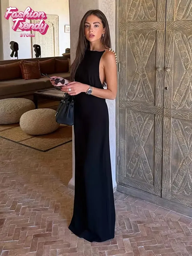 Solid Halter Backless Maxi-jurk met uitsnijding aan de zijkant Dames Stretch Jersey Vloerlengte Slanke bodycon-jurken Nachtclub Vakantiegewaad