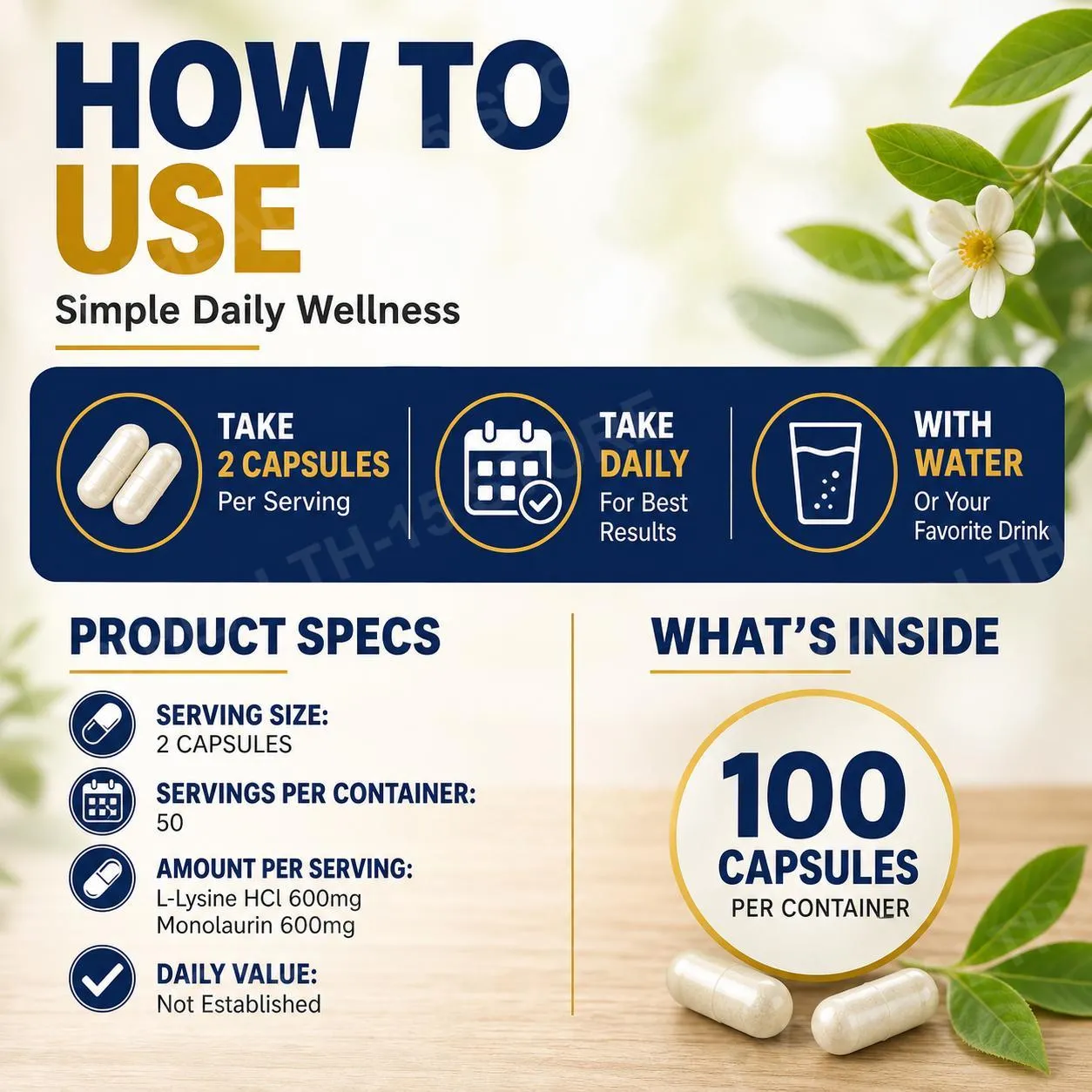Kapseln mit L-Lysin-HCl und Monolaurin im Verhältnis 1:1, Immune Wellness, tägliche Verteidigung und Gleichgewichtsunterstützung, je 600 mg, 100 Stück — image 5