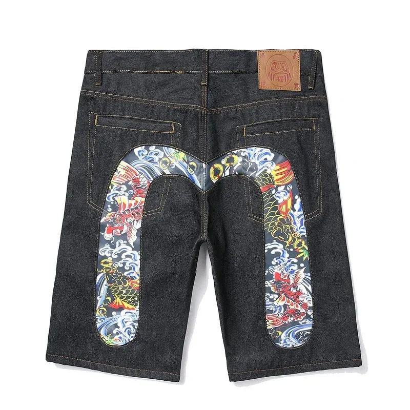 Men Embroidery Denim Shorts Black Hiphop Jeans Pants Cherry Blossom Dragon Totem Washed Zipper Cotton Summer cherry blossoms 024 — image 8