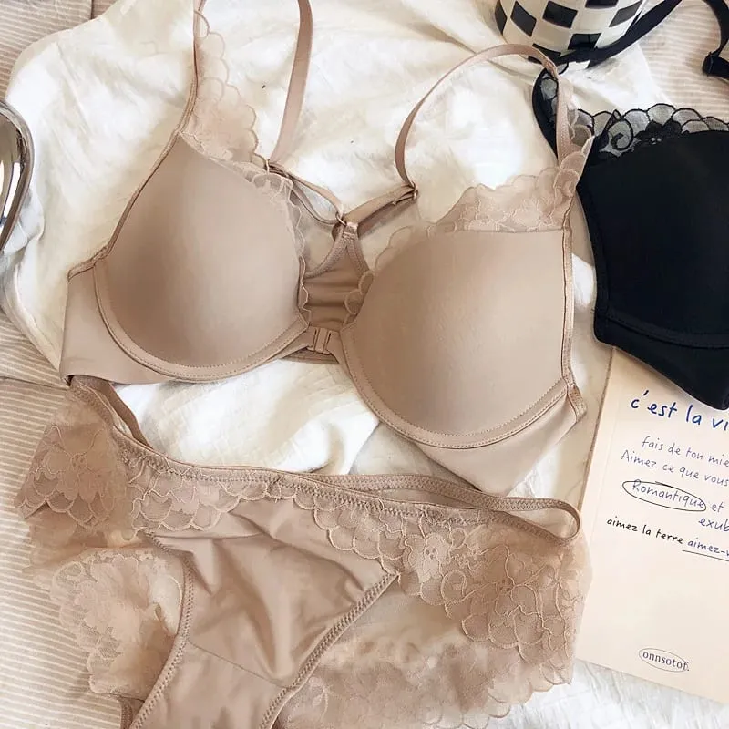 Thin Glossy Cup Cross Backless Lace Front Closure Bra and Panties Set with Push Up Underwear Women Beautiful Sexy Lingerie — image 8