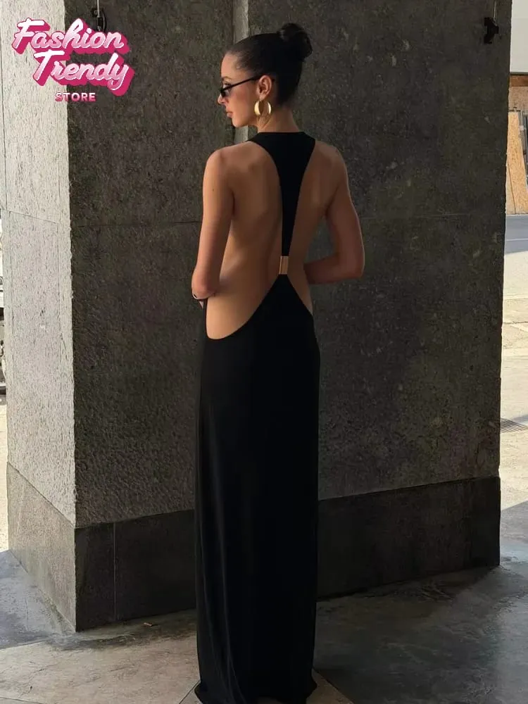 Solid Halter Backless Maxi-jurk met uitsnijding aan de zijkant Dames Stretch Jersey Vloerlengte Slanke bodycon-jurken Nachtclub Vakantiegewaad