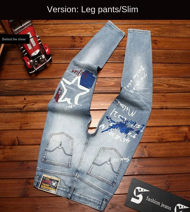 Fashionable printed jeans for men retro blue elastic slim fit small feet street fashion high-end denim casual pants — image 8