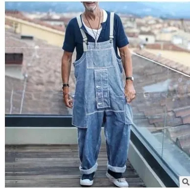 Streetwear Men Solid Color Multi Pockets Denim Overalls Loose Casual Washed Jumpsuit 2024 Male Suspenders Jeans Cargo Trousers — image 4