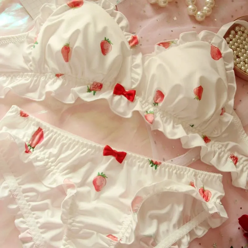 Strawberry Cute Japanese Milk Silk Bra & Panties Set Wirefree Soft Underwear Set Kawaii Lolita Bra and Panty Set Pink Lingerie — image 6