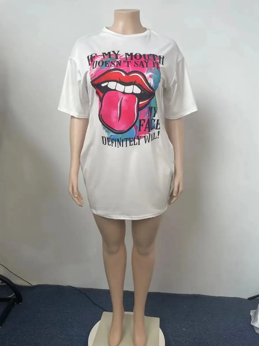 Damen Sommer Casual Fashion Loose Plus Size Brief Lippen Druck Muster bedruckt Kurzarm Sommer T-Shirt Kleid — image 5