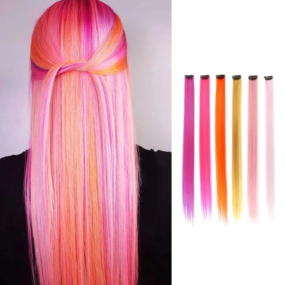 22Inches 6Pce/Set Y2K Style Multicolor Synthetic Straight Hair Gorgeous Pink Highlights Clip In Extensions For Party Cosplay — image 2