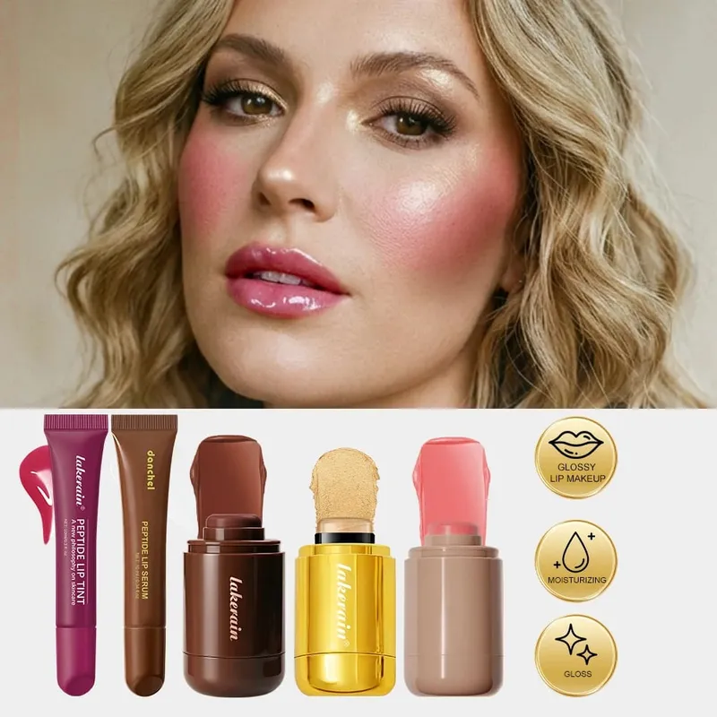 5pcs Face Makeup Set Bronzer Cream Contour Highlighter Blush Stick Transparent Tinted Moisturizing Lip Glaz Cosmetic For Women — image 5