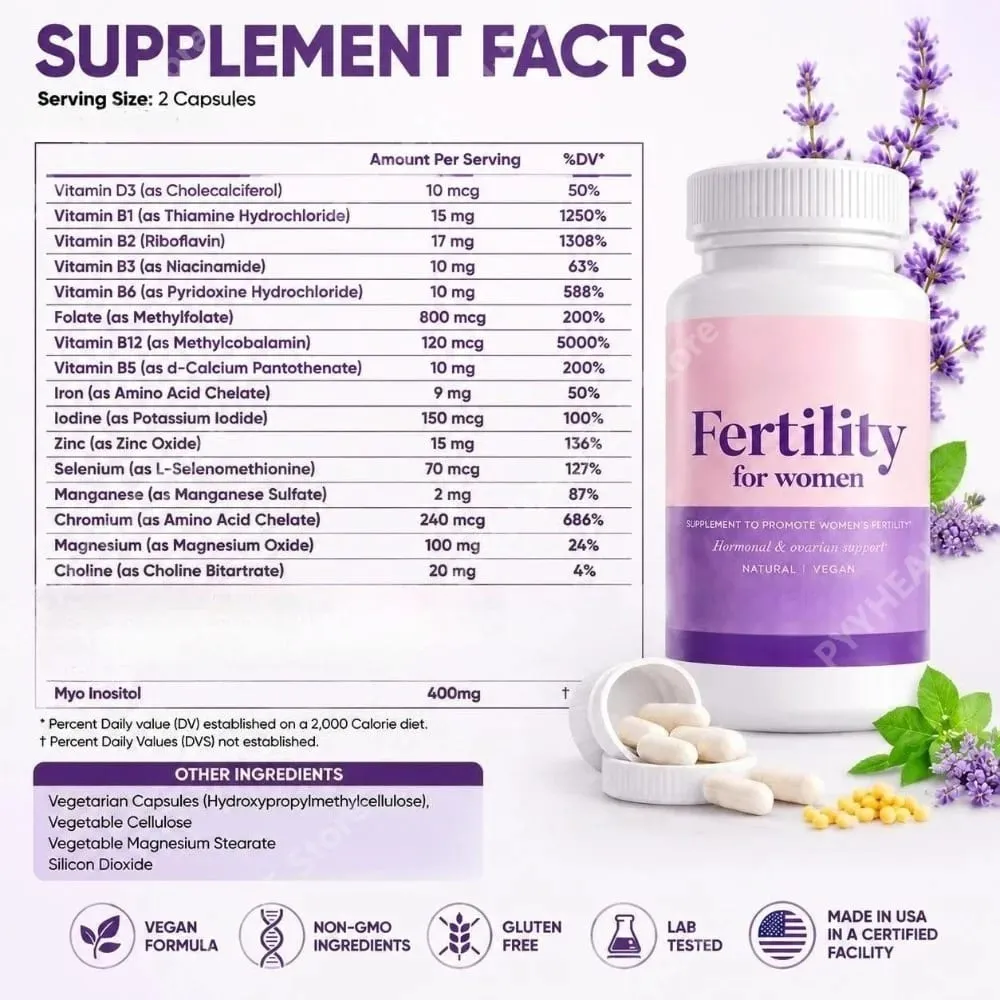 Fertilitetskapsler til kvinder Myo Inositol med methylfolat og multivitaminer Hormonel og ovariestøtte Sund ægløsning 60 Cts