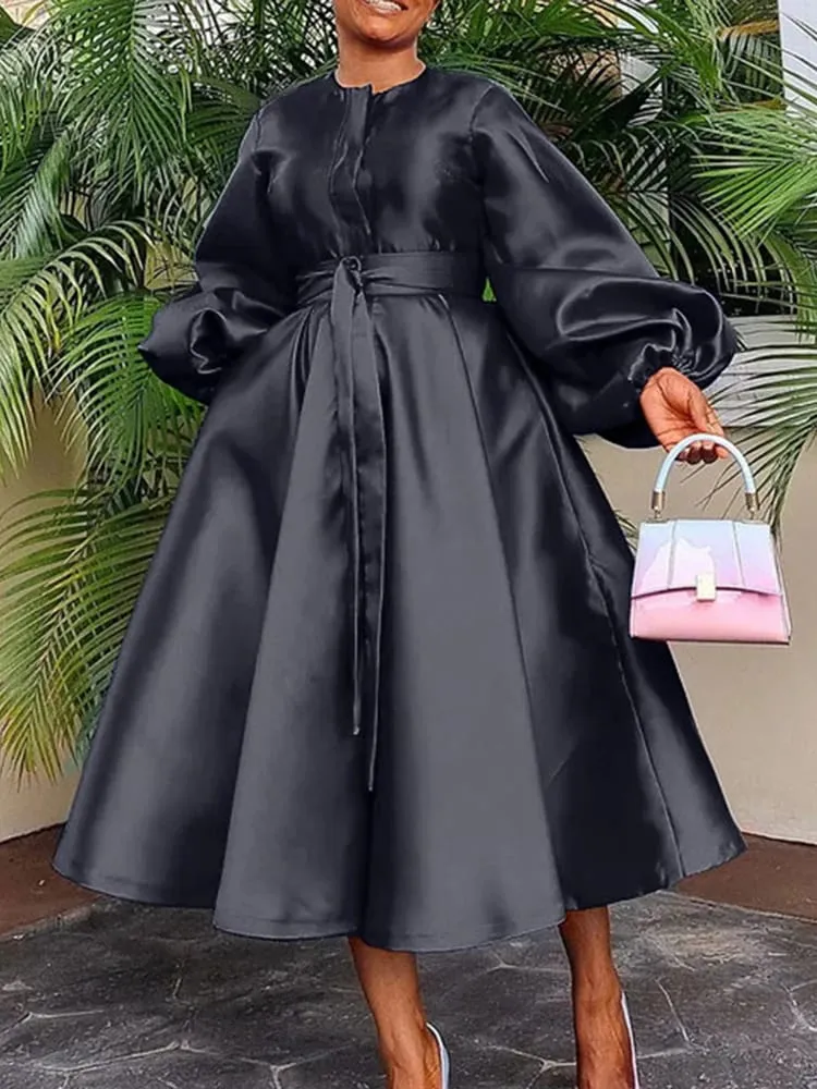 Satin Puff Sleeve Evening Dress for Women Pleated A-Line Round Neck Elegant Party Club Casual Solid Midi Dress with Belt 2025 — image 2