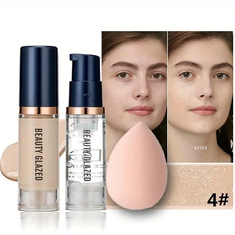 3Pcs Face Makeup Set Matte Long Lasting Waterproof Liquid Foundation+Primer+Puff