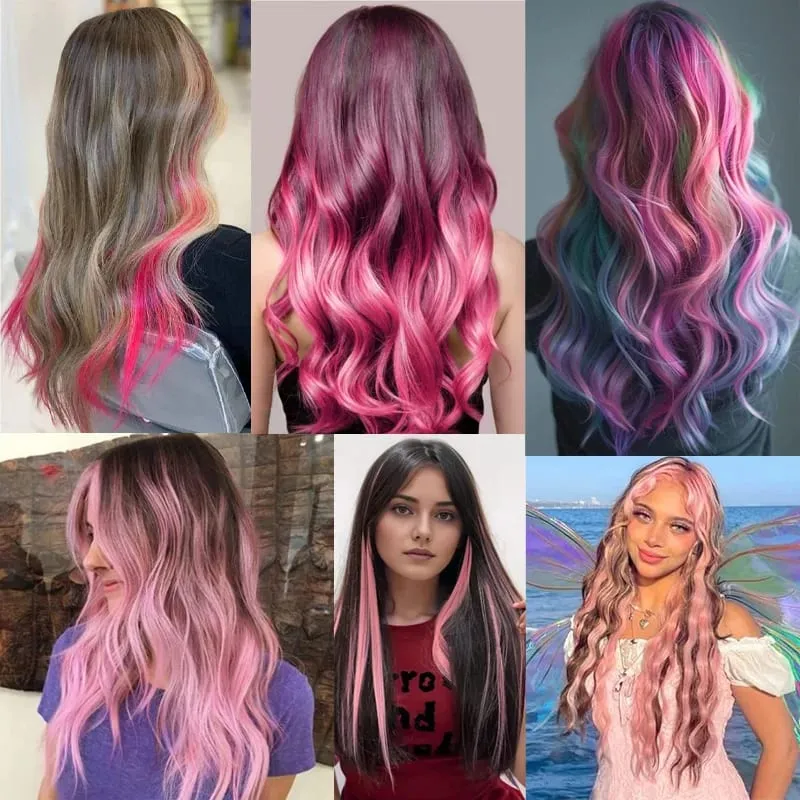10 Pcs Synthetic Pink Hair Extensions 22 Inch Straight Colored Hair Colorful Clip Highlight Party for Kids and Women Gift — image 7
