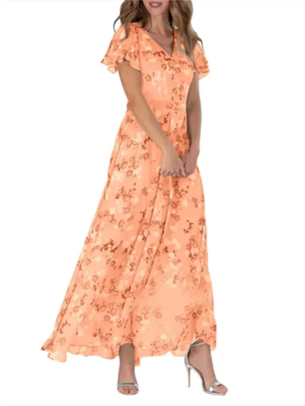 Women Elegant Ruffle Short Sleeve V Neck Pullover Dresses Sweet Style Small Flower Print High Waist Dress Female New Casual Gown — image 6