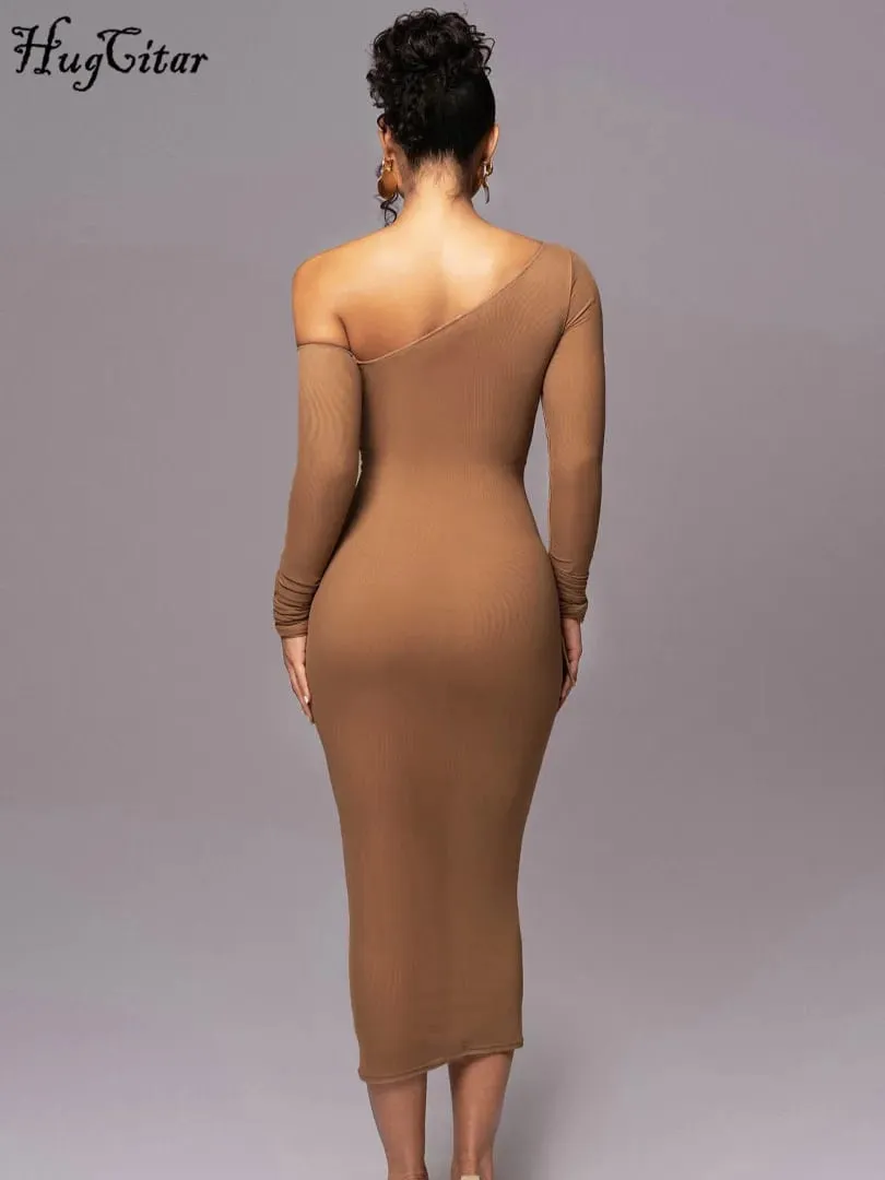 Hugcitar Mesh Solid Diagonal Collar Long Sleeve Draped Sexy See Through Bodycon Maxi Dress Summer Fashion Clothes Festival Club — image 5