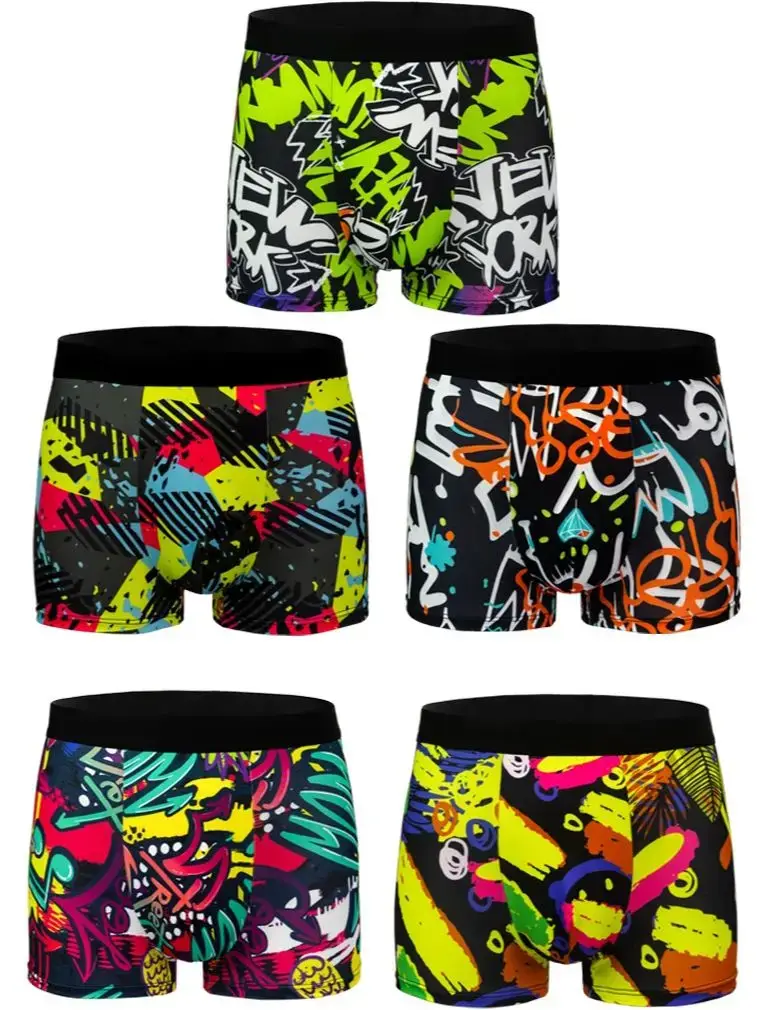 5-Pcs Men's Boxer Briefs Random Graffiti Print Trendy Christmas Pattern Underwear Comfortable Boxer Shorts