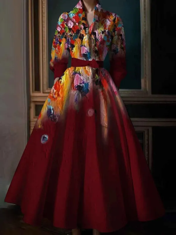 Eleganckie sukienki Maxi z kwiatowym nadrukiem Wielokolorowy kołnierzyk z długim rękawem Bawełniana długa sukienka Wesele Wieczorowa suknia 2024 — image 9