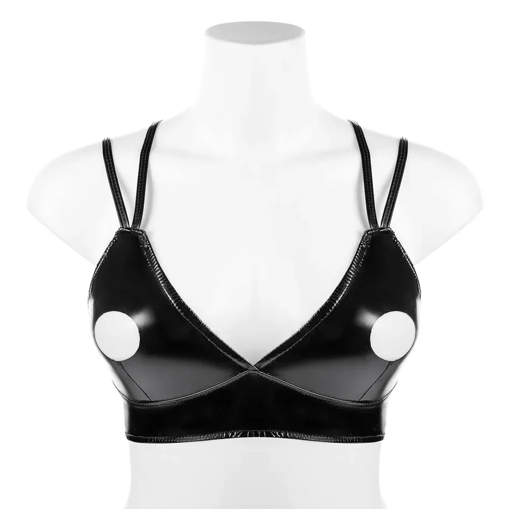 S-3XL Deep V-neck Wet Look PVC Bustier Tank Top Hollow Out Shiny PU Leather Bikini Crop Tops Tights Sexy Croptop Camis Cropped — image 6