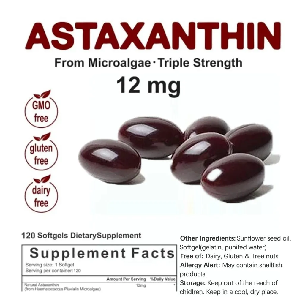 Triple Strength Astaxanthin 12mg - Bổ sung chất chống oxy hóa Astaxanthin tự nhiên Không biến đổi gen đã được xác minh & Không chứa gluten - 120 viên mềm — image 5