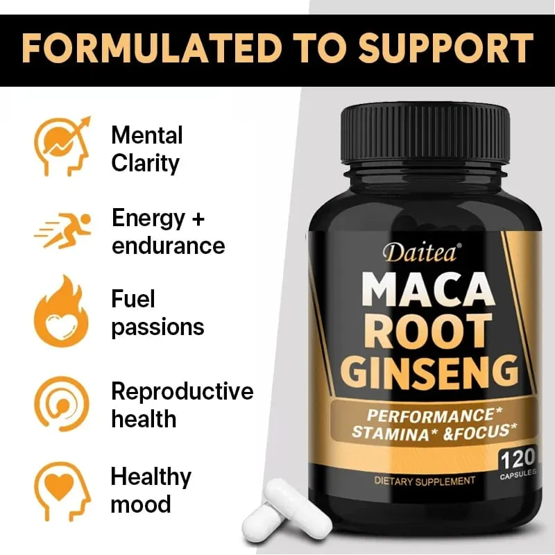 Vegan 11400mg (Yellow+Red+Black) Maca & Ginseng Root Extract - Muscle Energy & Strength Supplement - 120 Capsules