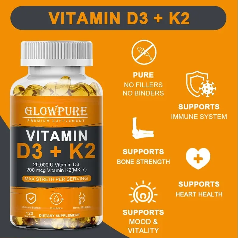 D3 K2 Vitamins Capsule for Bones Joint Calcium Absorption Cardiovascular Immune System Daily Health Supplement — image 2