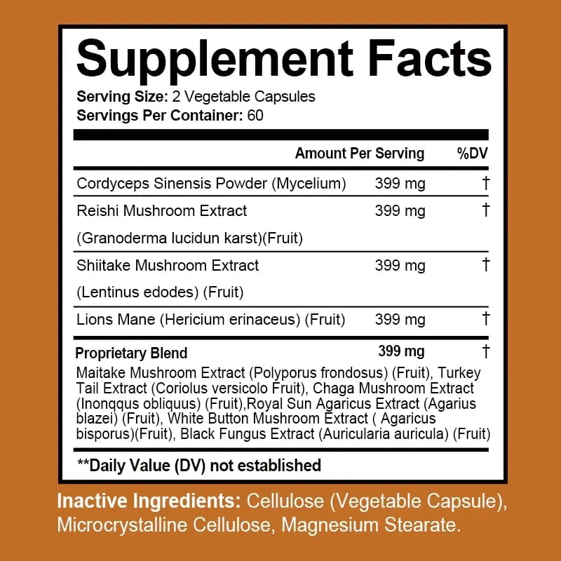 Mushroom Complex Capsules - with Lions Mane Chaga Reishi Cordyceps - Support Immune System Memory Focus and Relieve Stress — image 3