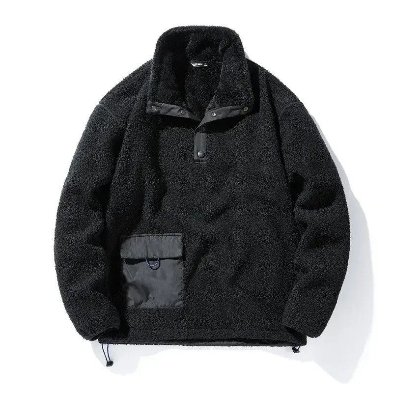New Men's Sweatshirts Fashion Patchwork Pocket Fleece-lined Warm Pullover Tops Male Polar-fleece Loose Casual Hoodies Coats