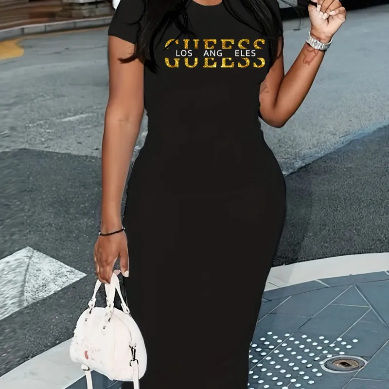 Ladies' summer GUEESS Los Angeles letter pattern printed round neck short sleeved casual slim fit sexy fashion dress