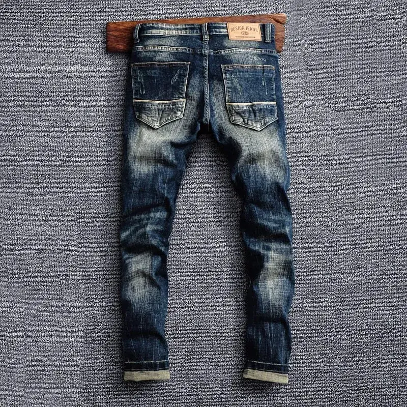 Italian Style Fashion Men Jeans Retro Black Blue Elastic Slim Fit Ripped Jeans Men Trousers Vintage Designer Casual Denim Pants — image 4