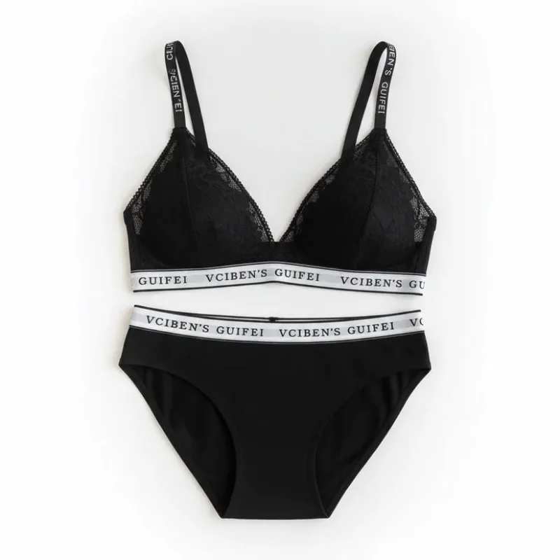 Confortável carta design lingerie conjunto profundo v sem fio roupa interior feminina terno renda cor bloqueando sutiã calcinha conjunto menina