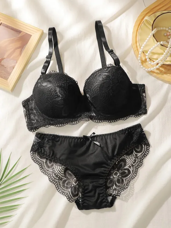 Women's Sexy Underwear Embroidered Flowers with Steel Hoops Gather Push Up 2-piece Comfortable Underwear Set A2123