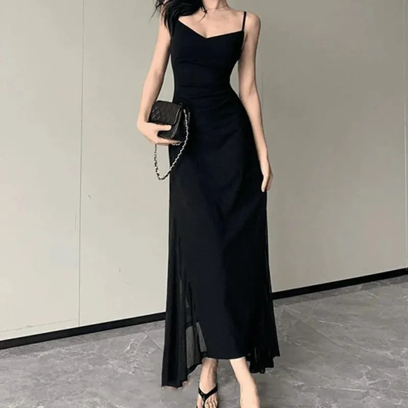 Korejské šaty s výstřihem do V pro ženy Sexy společenské šaty s upnutým pasem Žena Elegantní černé průsvitné midi šaty Novinka