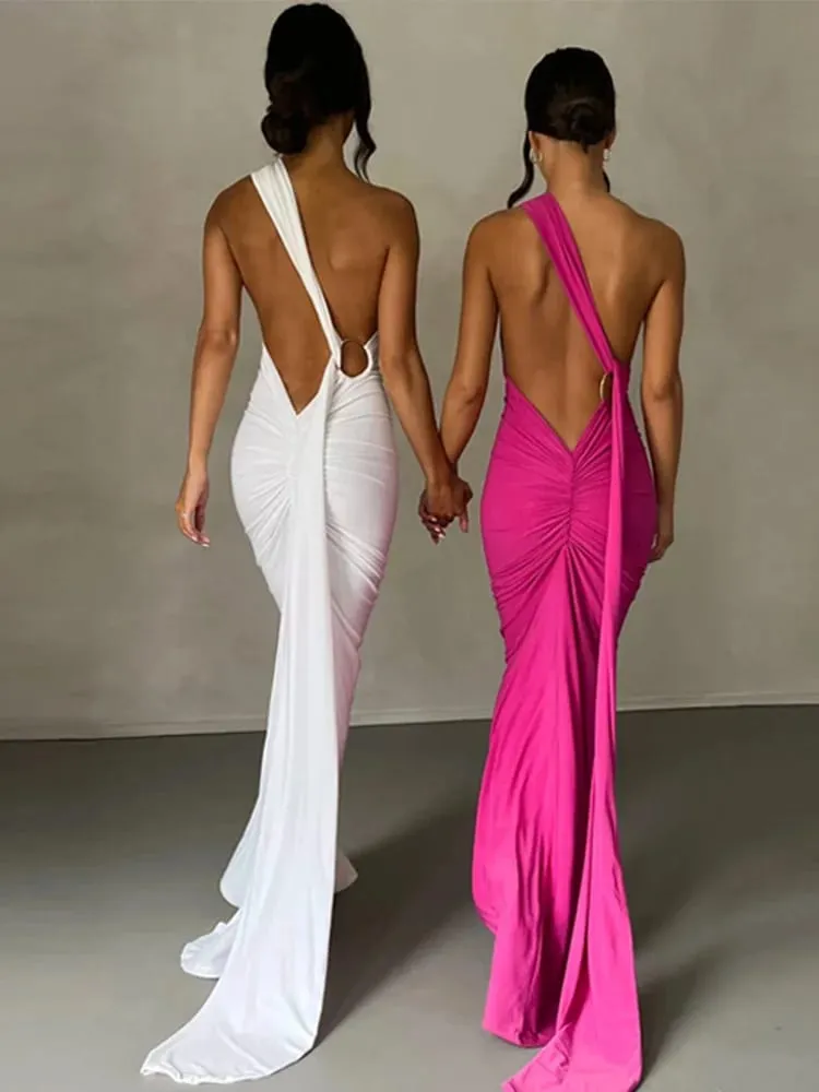 Neon Y2K Clothes One Shoulder Sleeveless Backless Ruched Bodycon Maxi Dresses For Women Club Birthday Party Evening Prom — image 4