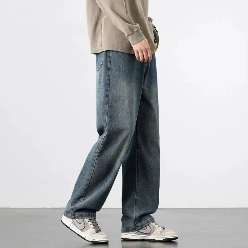 Spring Autumn New Men's Straight Vintage Fit Jeans Casual Trousers High Quality Male Korean Fashion Baggy Wide Leg Denim Pants — image 4
