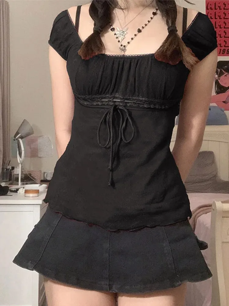 2000s Aesthetic Sweet Lace Tops Women Off Shoulder Drawstring T-shirt Korean Fashion Female Tee Fairy Grunge Streetwear — image 4
