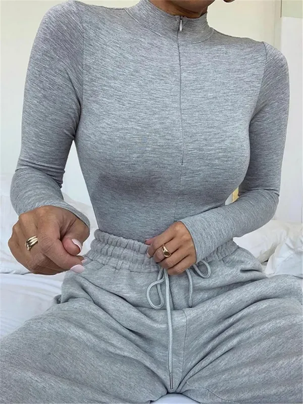 Shestyle Solid Zipper Bodycon Bodysuits Women Sexy Mock Neck Autumn Long Sleeve Fashion Slim Basic Body Winter Gray Outfits Lady — image 3