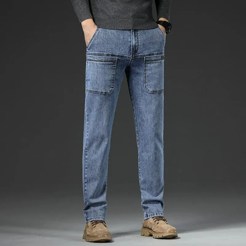 6 Pocket Design Denim Jeans Men's 2025 New High Elasticity Denim Casual Trousers Straight Male Pants Fashion Mid-waist Jeans — image 5