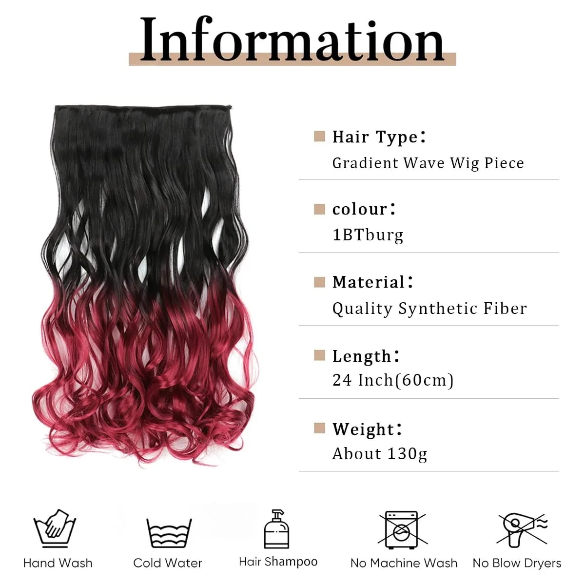 24 Inch Ombre Dip Dye Long Curly Clip in Hair Extensions Two Tone Thick Full Head Synthetic Hairpieces (Black to Dark Red) — image 4