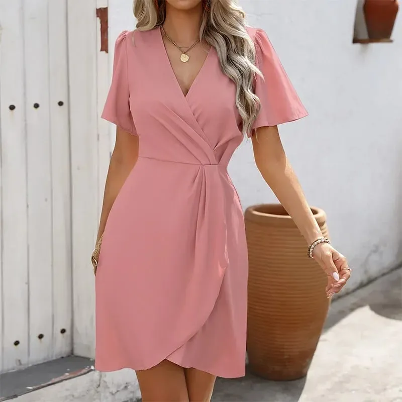 Summer fashion office lady V Neck irregular Solid Dress Women Short Sleeve Ruffles Loose A Line Elegant Beach Party Mini Dresses — image 10