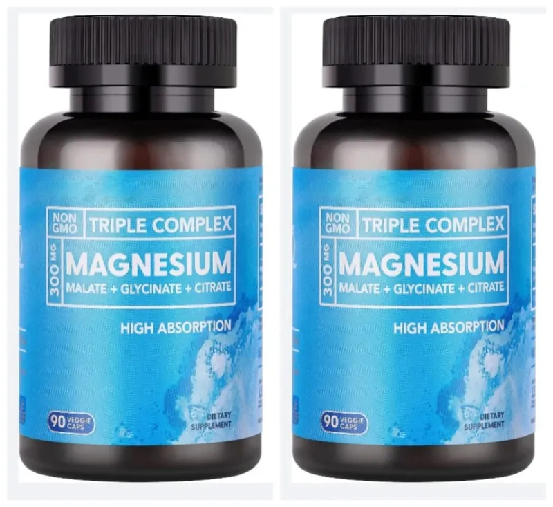 Háromszoros magnézium komplex 300 mg malát-glicinát-citrát nagy felszívódású napi ásványianyag-kiegészítő vegán, nem GMO 90 zöldségsapka