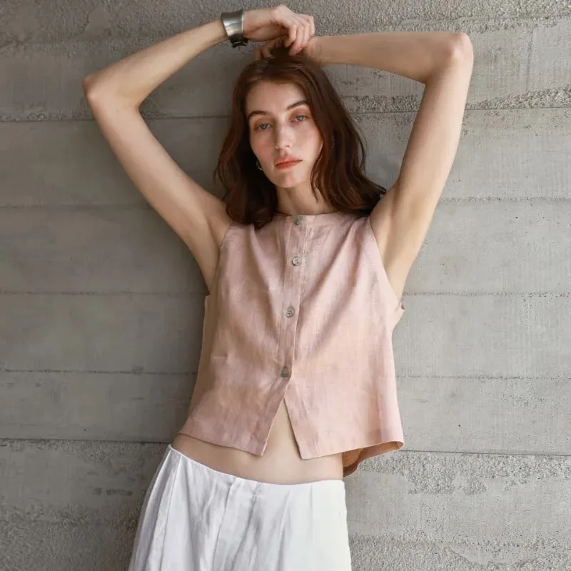 Chic Front And Back Two Wear Women Linen Tank Top 2026 Summer New Casual Short Loose 100% Linen Sleeveless Crop Tops — image 2