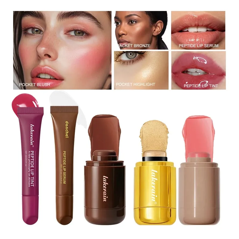 5pcs Face Makeup Set Bronzer Cream Contour Highlighter Blush Stick Transparent Tinted Moisturizing Lip Glaz Cosmetic For Women — image 4