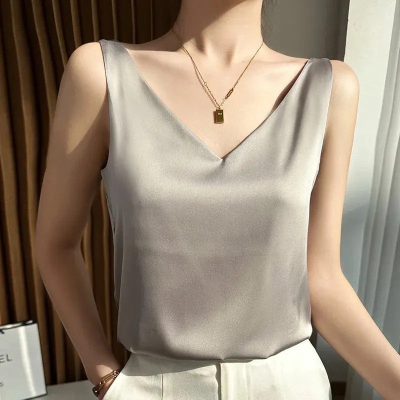 Silk Satin Women Double Shoulder Camisole Tank Top V-neck Sleeveless Top T-shirt Elegant Crop Top Solid Casual Basic 2025 Summer — image 7