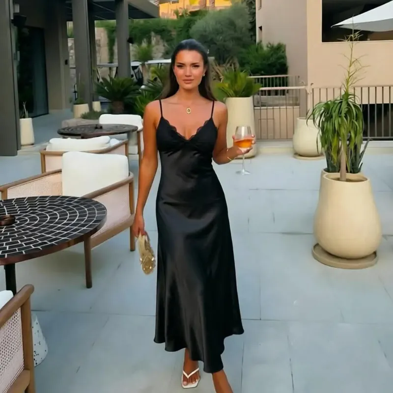 Vestido sexi de satén amarillo con encaje y retales, vestido femenino con tirantes finos, sin mangas, cuello en V, corte al bies, bata de fiesta nocturna de verano 2026 — image 8