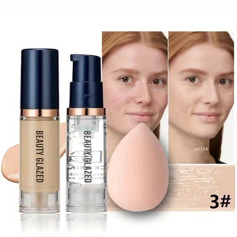3Pcs Face Makeup Set Matte Long Lasting Waterproof Liquid Foundation+Primer+Puff