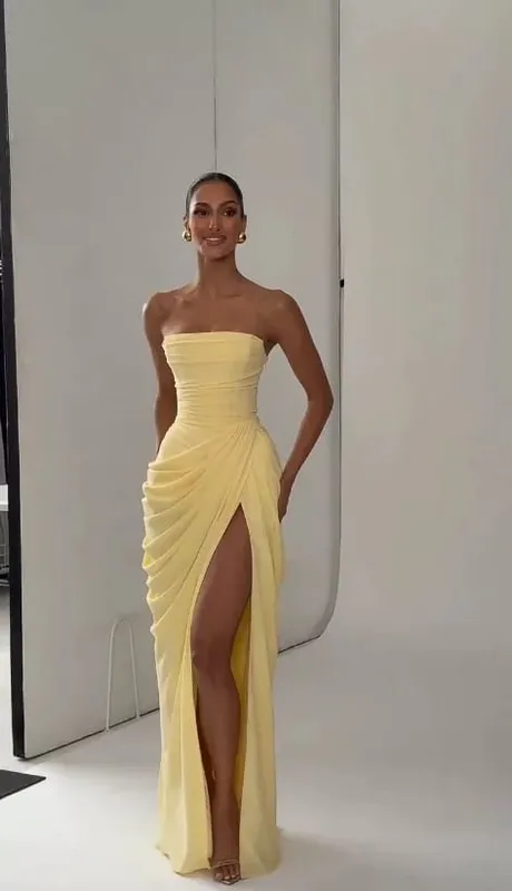 Robe plissée couleur unie, Sexy, sans bretelles, fendue, Chic, dos nu, taille haute, épaules dénudées, robes de soirée, nouvelle collection 2026